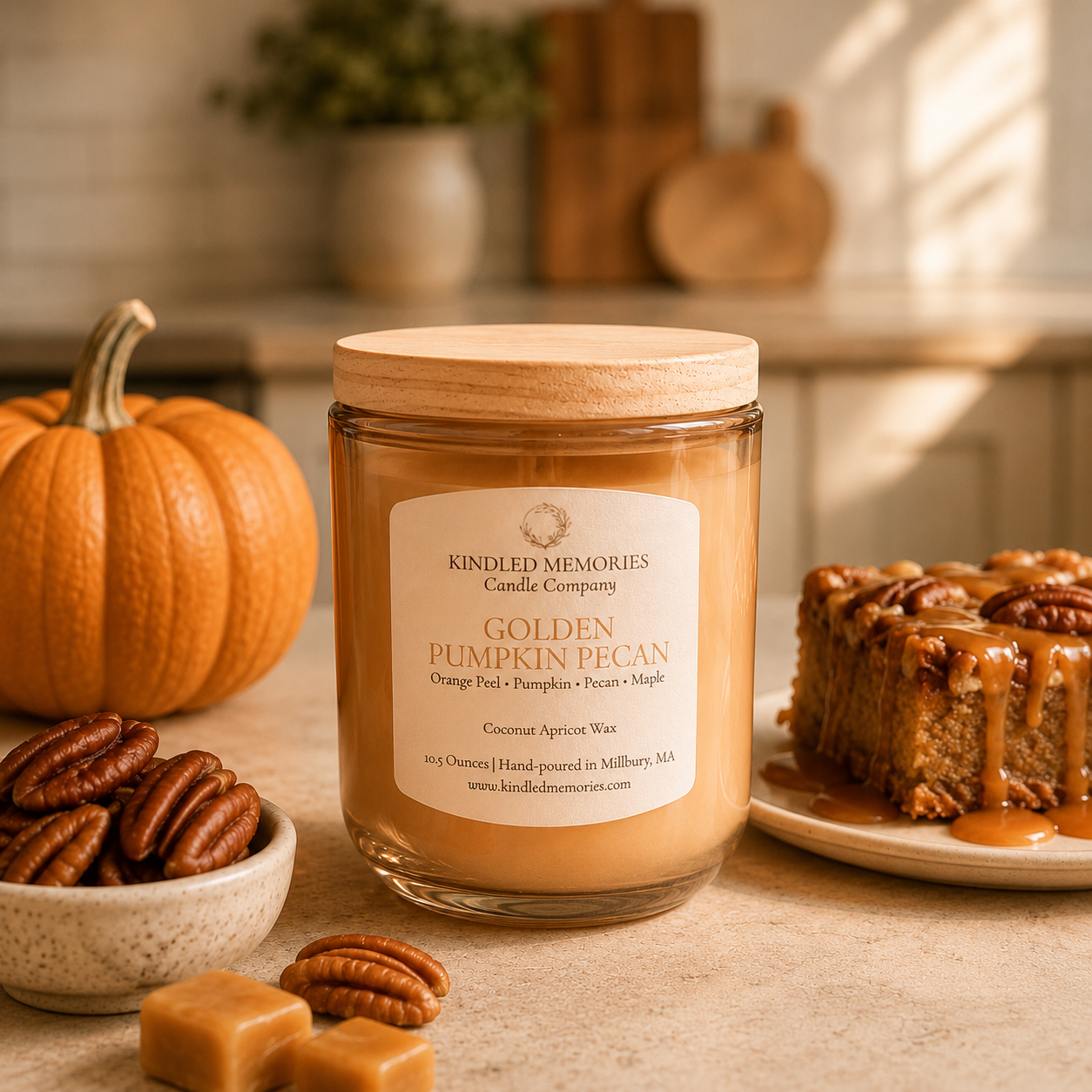 Golden Pumpkin Pecan Candle - Warm Gourmand Fall Scent | Coconut