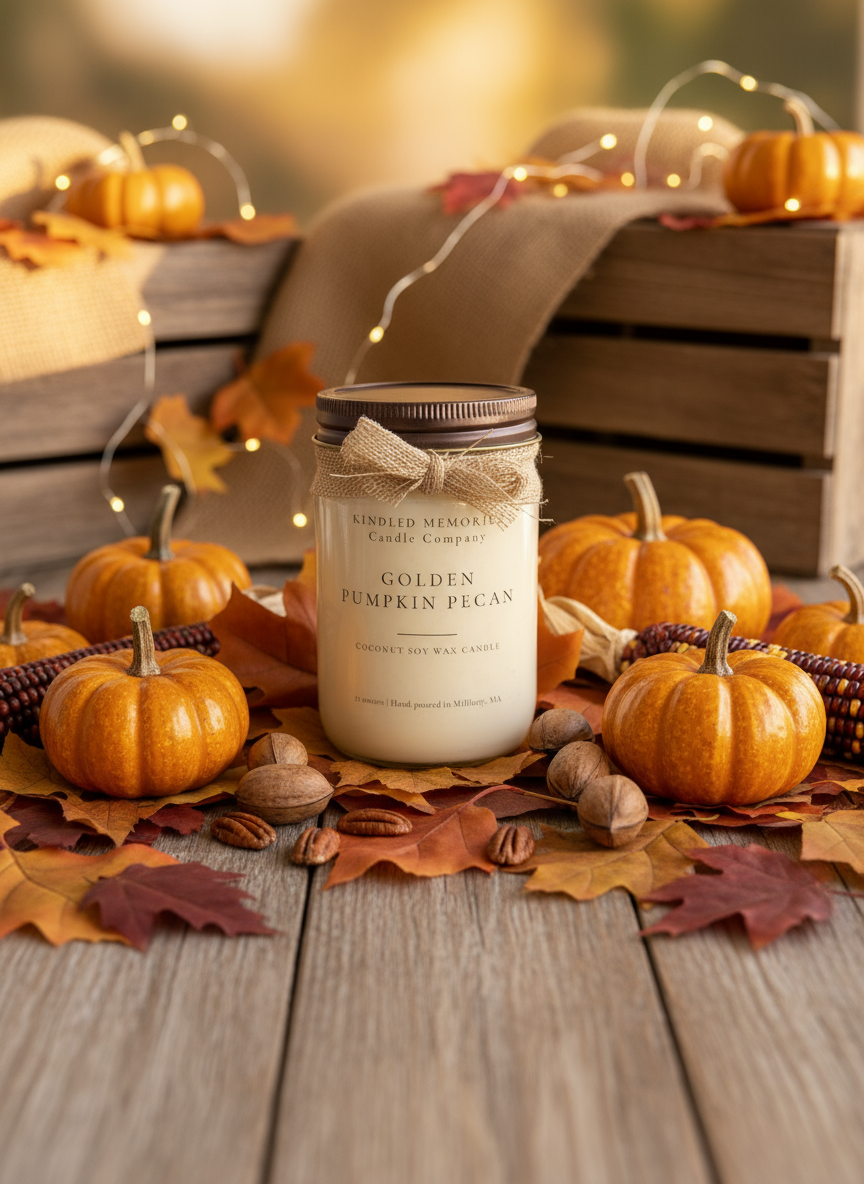 Golden Pumpkin Pecan Candle with Fall Harvest Background
