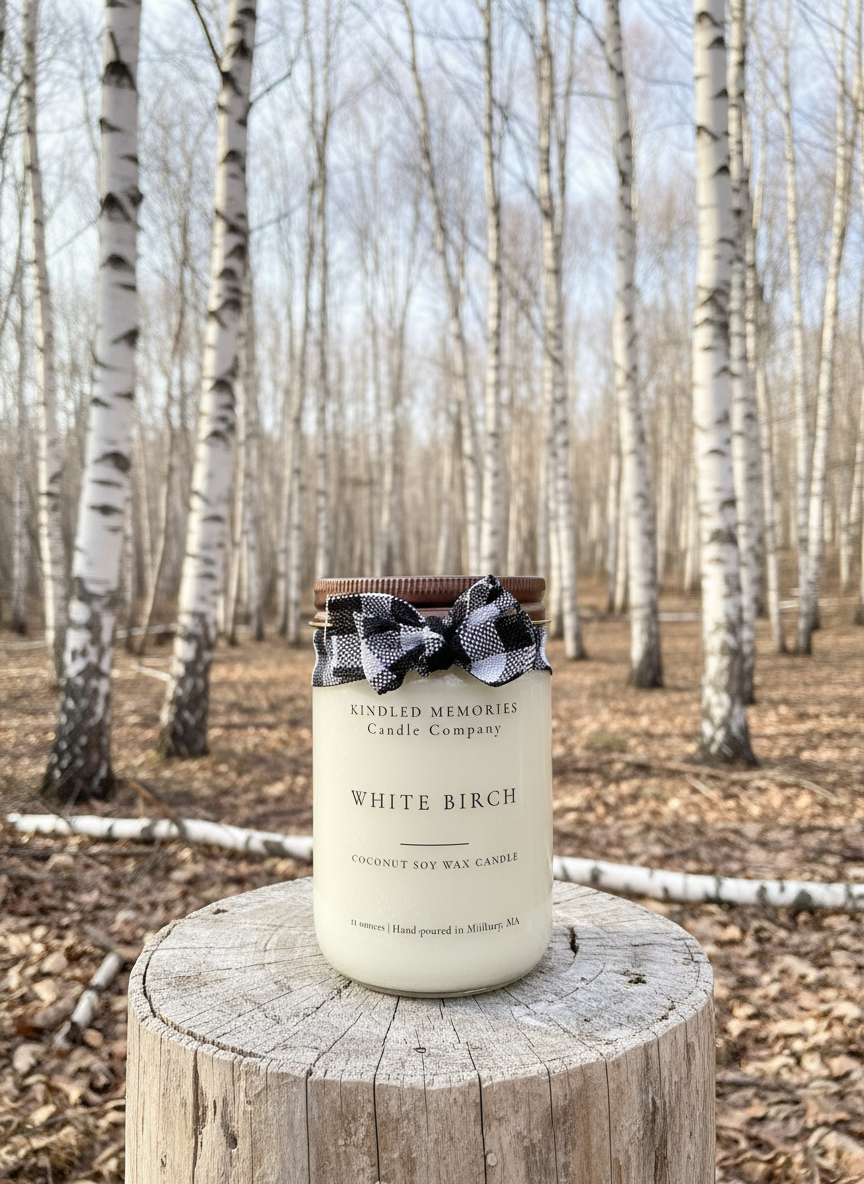 White Birch Candle with Birch Tree Background